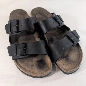 Birkenstock 41 Arizona Black Leather Sandals Pebbled Slip On 2 Strap Buckle 10